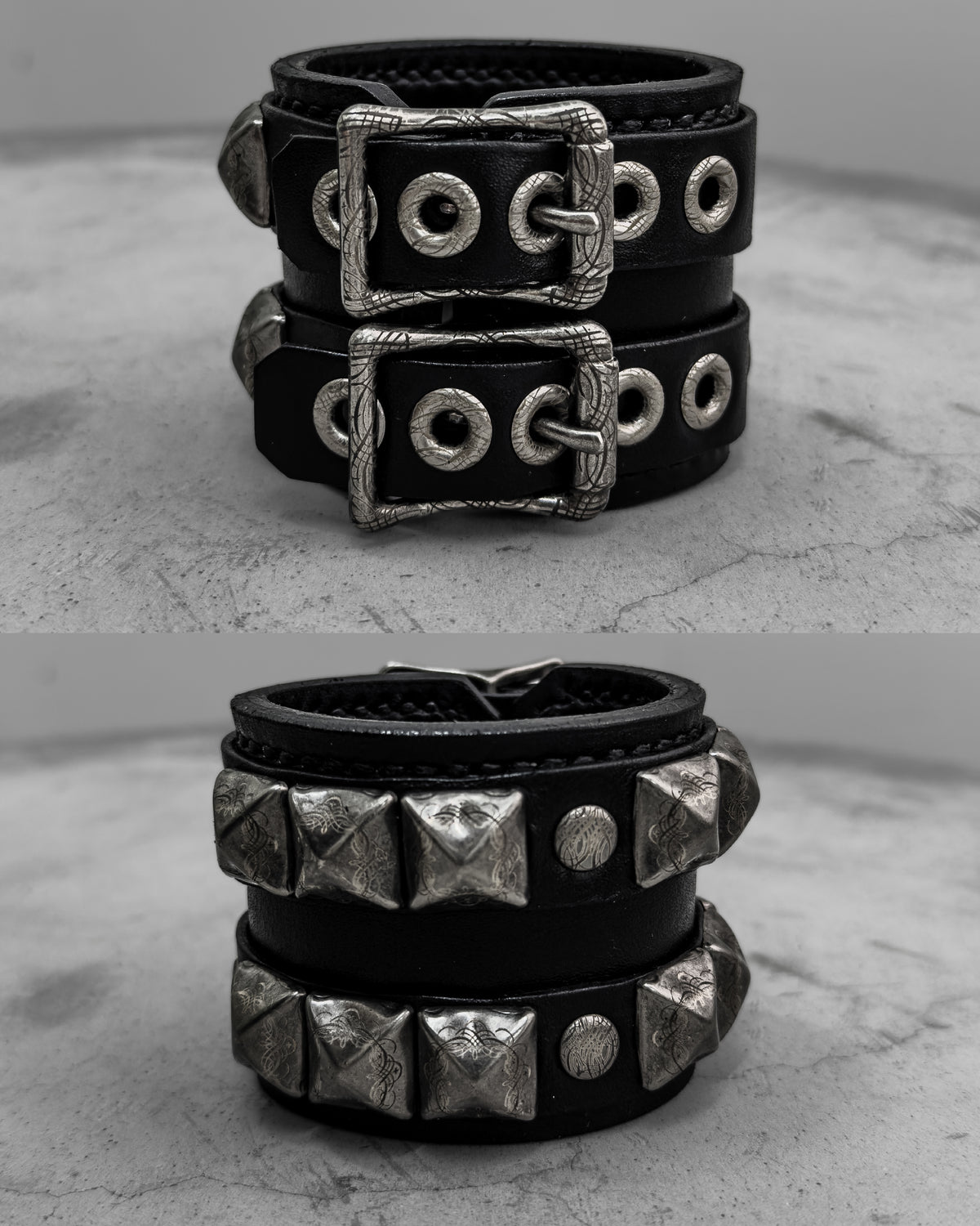 Engraved Double Strap Studded Bracelet